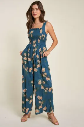 Smocked Bodice Floral Jumpsuit